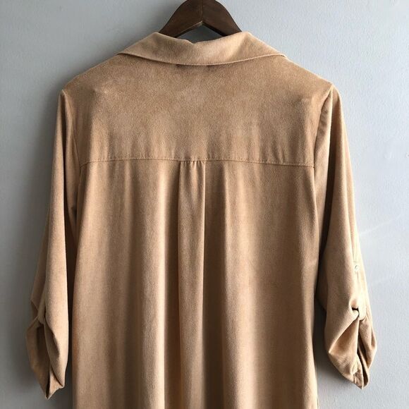 Cha Cha Vente Soft Suede Flowy Relaxed VNeck 3/4 Sleeve Mini Dress Tan - Picture 10 of 13